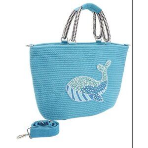 America & Beyond Embellished Jute Tote Crossbody Strap Whale Vacation Beach NWT